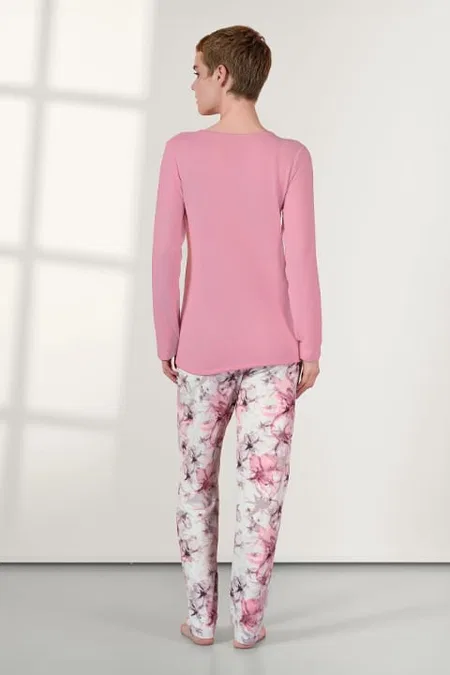 Pembe Çiçek Desenli Uzun Kollu Kadın Pijama Takımı Doreanse 25K4032 - Pembe