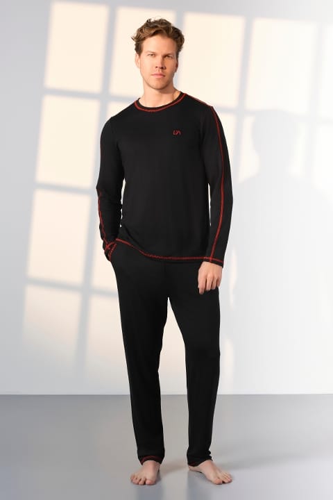 Uzun Kollu Siyah Kırmızı Erkek Pijama Takımı Viskon Elastan Doreanse 25K4540