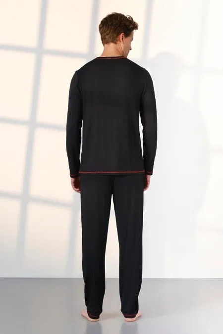 Uzun Kollu Siyah Kırmızı Erkek Pijama Takımı Viskon Elastan Doreanse 25K4540 - Siyah