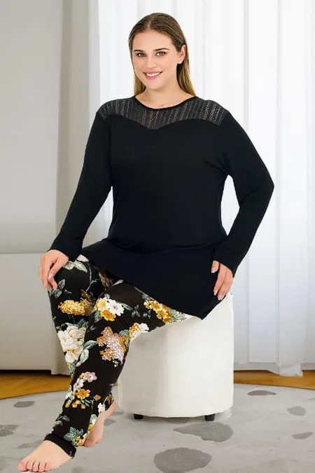 Uzun Kollu Tüllü Çiçekli Büyük Beden Pijama Takımı Lady 11391 - Siyah