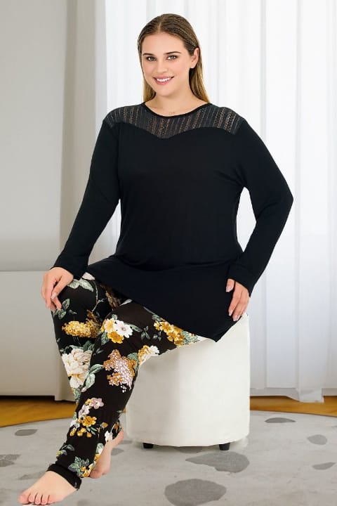 Uzun Kollu Tüllü Çiçekli Büyük Beden Pijama Takımı Lady 11391 - Siyah