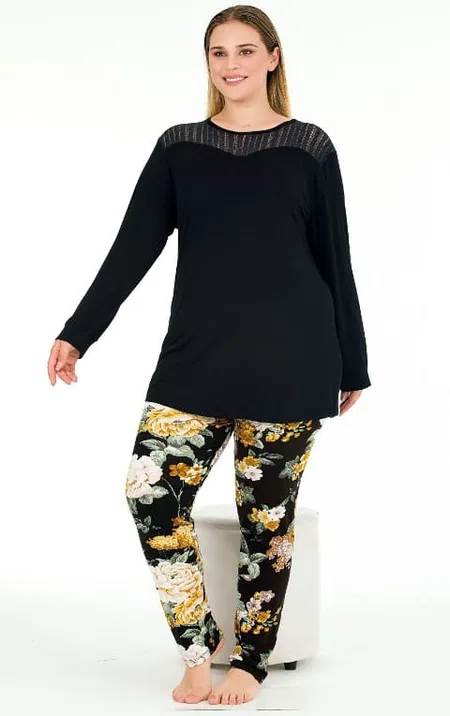 Uzun Kollu Tüllü Çiçekli Büyük Beden Pijama Takımı Lady 11391 - Siyah