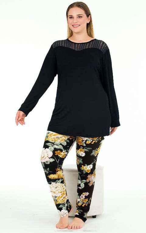 Uzun Kollu Tüllü Çiçekli Büyük Beden Pijama Takımı Lady 11391 - Siyah