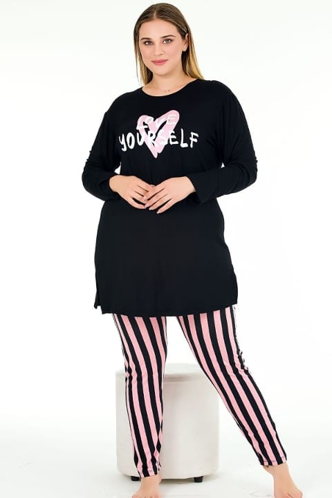 Uzun Kollu Yandan Yırtmaçlı Büyük Beden Viskon Kapri Pijama Takımı Lady 11400 - 2