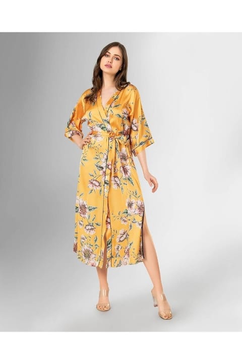 Sarı Çiçek Desenli Uzun Sabahlık Ahu 1875