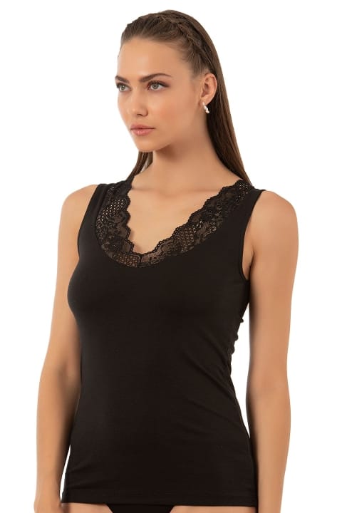 Pamuklu Esnek V Yaka Dantel Detaylı Kadın Atlet Özkan 26957 - Siyah