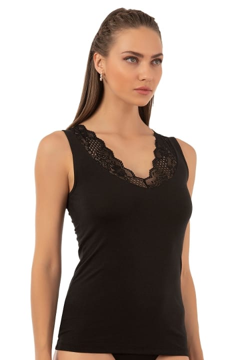 Pamuklu Esnek V Yaka Dantel Detaylı Kadın Atlet Özkan 26957 - Siyah