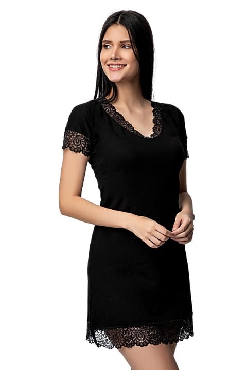 Dantel Detaylı V Yaka Kısa Kollu Gecelik Donex 1592
