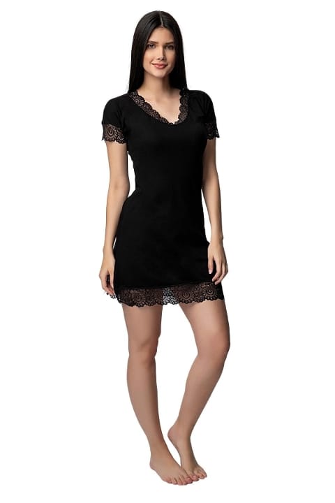 Dantel Detaylı V Yaka Kısa Kollu Gecelik Donex 1592 - 2