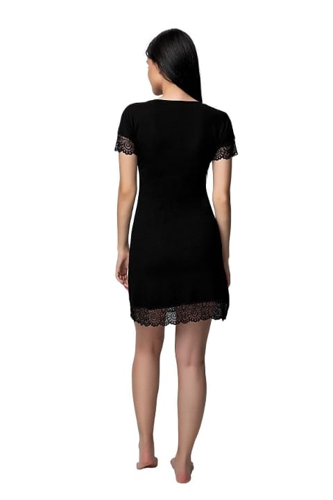Dantel Detaylı V Yaka Kısa Kollu Gecelik Donex 1592 - Siyah