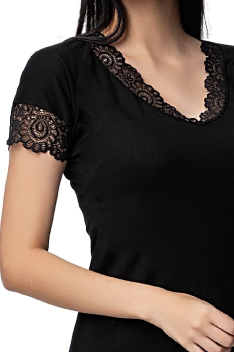 Dantel Detaylı V Yaka Kısa Kollu Gecelik Donex 1592 - Siyah