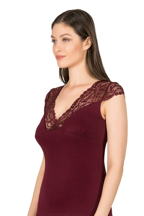 Pamuklu Dantel Detaylı V Yaka Kısa Kollu Kadın Atlet Özkan 24205 - Bordo