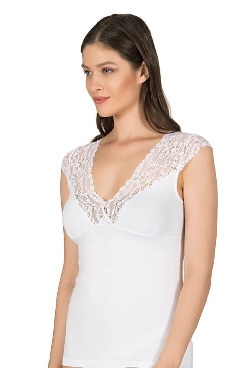 Pamuklu Dantel Detaylı V Yaka Kısa Kollu Kadın Atlet Özkan 24205 - Beyaz