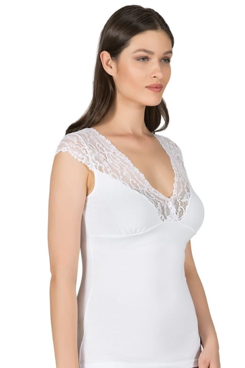 Pamuklu Dantel Detaylı V Yaka Kısa Kollu Kadın Atlet Özkan 24205 - Beyaz
