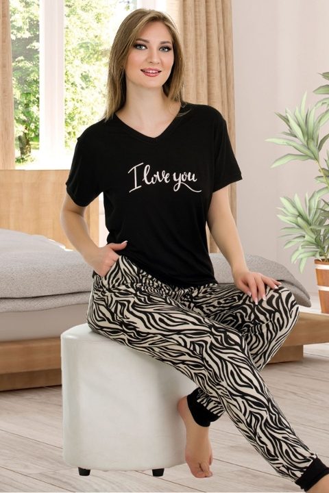 Siyah Leopar Desenli V Yaka Kısa Kollu Pijama Takımı Lady 12548 - 2
