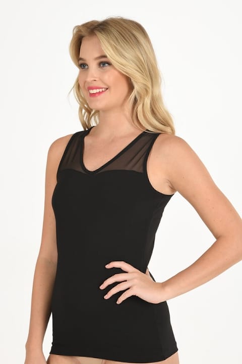 V Yaka Tül Detaylı Kalın Askılı Pamuklu Atlet Özkan 26531 - Siyah