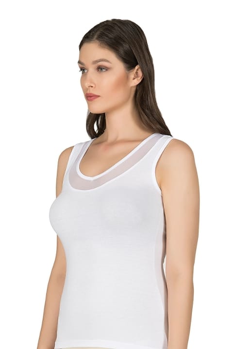 V Yaka Tüllü Kalın Askılı Kadın Atlet Modal Pamuklu Özkan 22848 - Beyaz