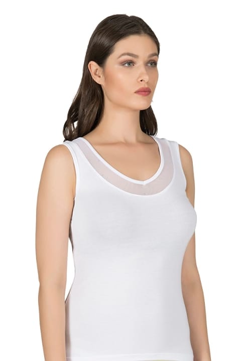 V Yaka Tüllü Kalın Askılı Kadın Atlet Modal Pamuklu Özkan 22848 - Beyaz