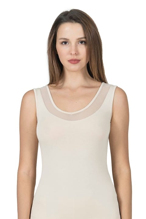 V Yaka Tüllü Kalın Askılı Kadın Atlet Modal Pamuklu Özkan 22848 - Ten