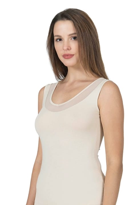 V Yaka Tüllü Kalın Askılı Kadın Atlet Modal Pamuklu Özkan 22848 - Ten