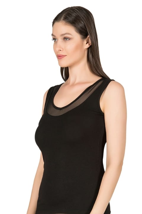 V Yaka Tüllü Kalın Askılı Kadın Atlet Modal Pamuklu Özkan 22848 - Siyah