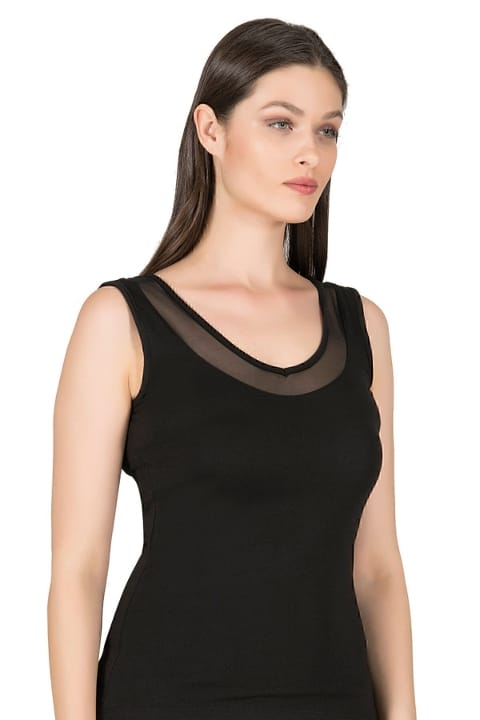 V Yaka Tüllü Kalın Askılı Kadın Atlet Modal Pamuklu Özkan 22848 - Siyah