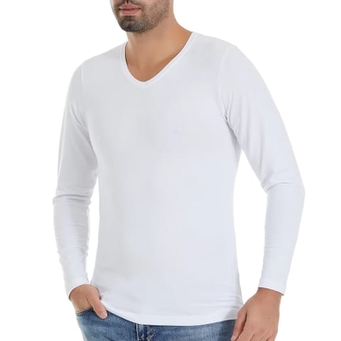 Uzun Kollu V-Yaka Pamuklu Modal T-Shirt Yıldız 340 - Beyaz