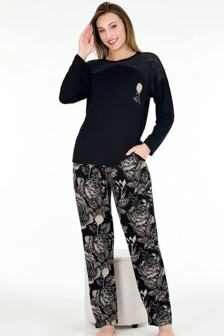 Viskon Çiçek Desenli Uzun Kollu Pijama Takımı Lady 11678 - Siyah
