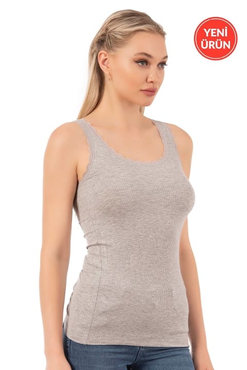 Dantelli Kalın Askılı Esnek Kadın Atlet Özkan 27075 - Gri