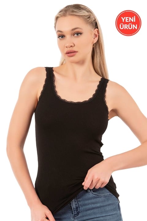 Dantelli Kalın Askılı Esnek Kadın Atlet Özkan 27075 - Siyah