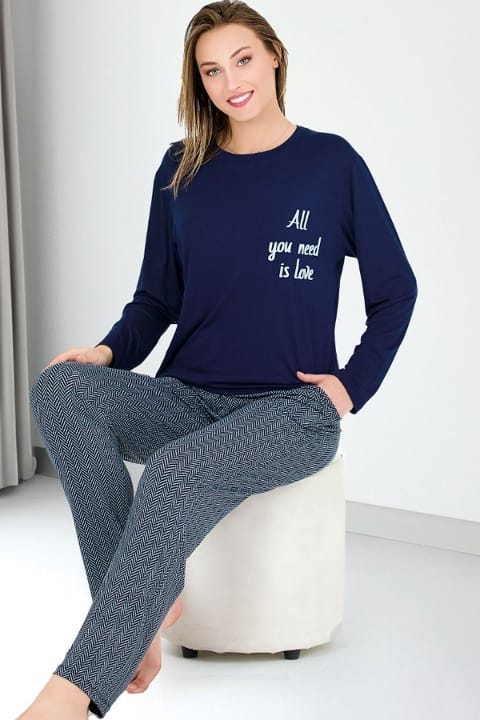 Lady Viskon Uzun Kollu Pijama Takımı Lacivert Lady 11673