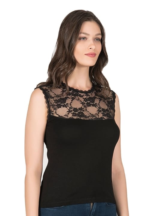 Dantelli Viskon Sıfır Kol Kadın Atlet Özkan 7365 - Siyah