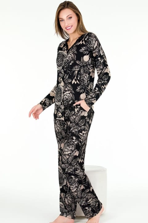 Viskon Yaprak Desenli Uzun Kollu Pijama Takımı Lady 11653 - Siyah