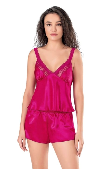 Vişne Renk Saten Babydoll Şort Takımı Ahu 9130 - Bordo