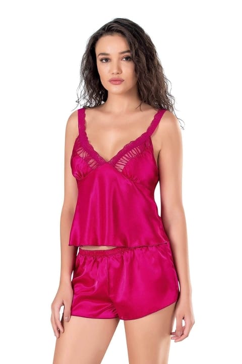 Vişne Renk Saten Babydoll Şort Takımı Ahu 9130 - 2