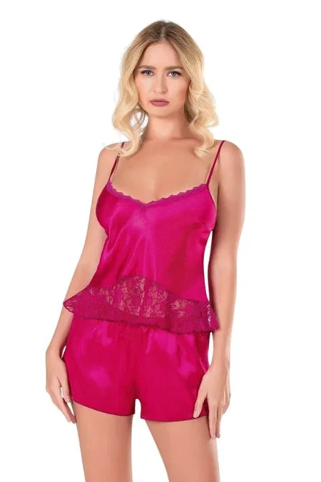 Saten Vişne Renkli Babydoll Şort Takımı Ahu 9116 - Fuşya