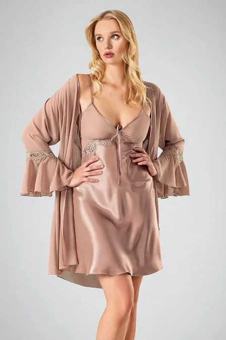 Polyester Vizon Renk 2li Sabahlık Gecelik Takım Ahu 7711 - Vizon
