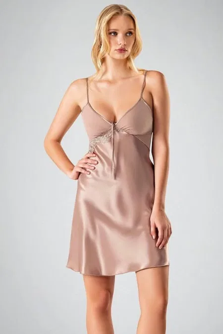 Polyester Vizon Renk 2li Sabahlık Gecelik Takım Ahu 7711 - Vizon