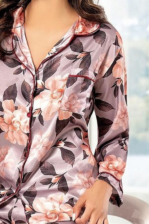 Çiçekli Saten Pijama Seti Vizon Renk XSES 2000 - Vizon