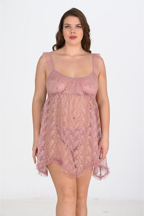 Vizon Tül Dantel Transparan Büyük Beden Gecelik Ahu 3044 - Vizon