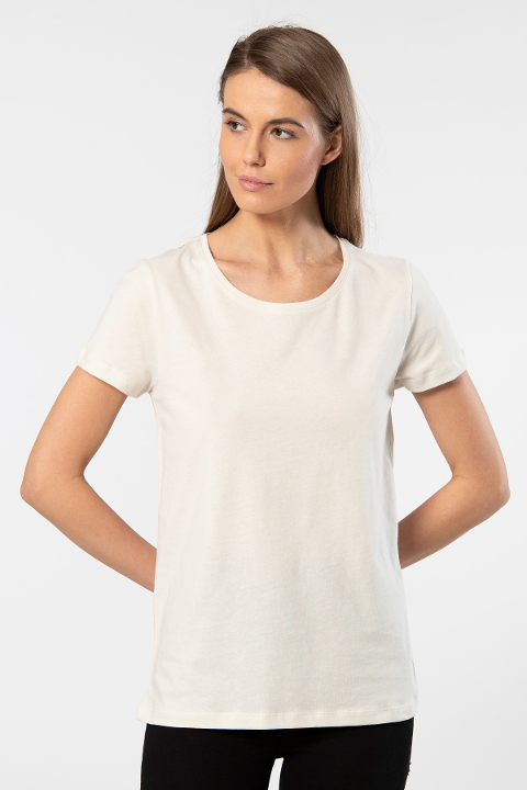 Pamuklu Kısa Kollu Bisiklet Yaka Tişört Wtshirt London - Krem