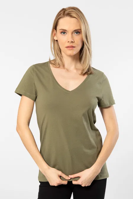 Wtshirt Pamuklu Nefes Alan Derin V Yaka Kadın Tişört Wtshirt 3547