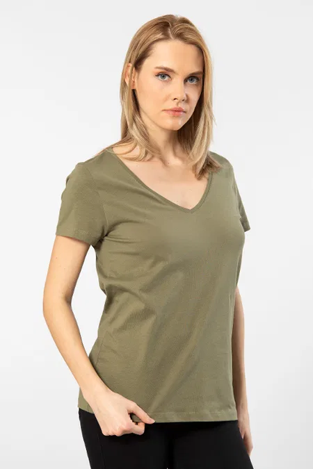 Wtshirt Pamuklu Nefes Alan Derin V Yaka Kadın Tişört Wtshirt 3547 - Görsel 2