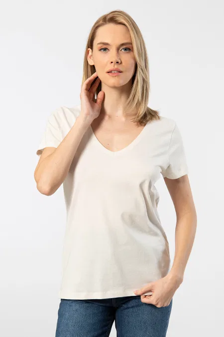 Kırmızı Pamuklu Kısa Kollu Derin V Yaka Tişört Wtshirt Milano - Krem