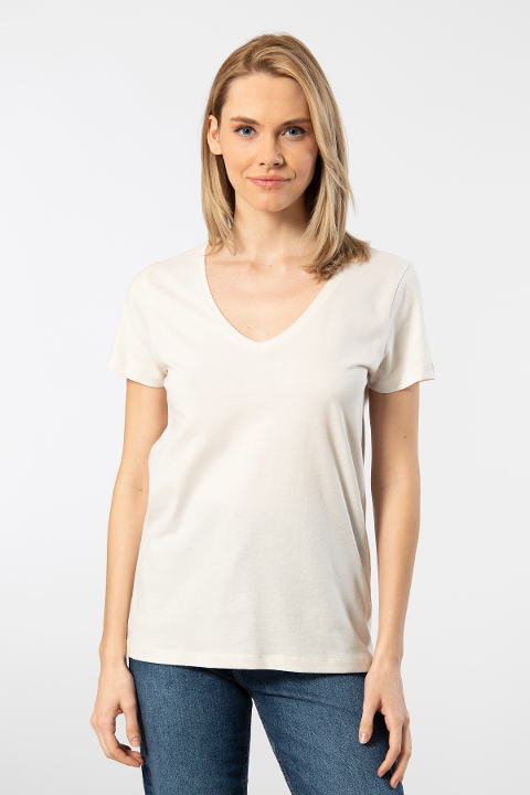 Kırmızı Pamuklu Kısa Kollu Derin V Yaka Tişört Wtshirt Milano - Krem