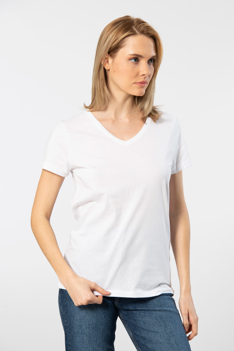 Pamuklu Kısa Kollu V Yaka Kadın Tişört Wtshirt 1234