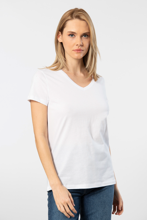 Pamuklu Kısa Kollu V Yaka Kadın Tişört Wtshirt 1234 - 2