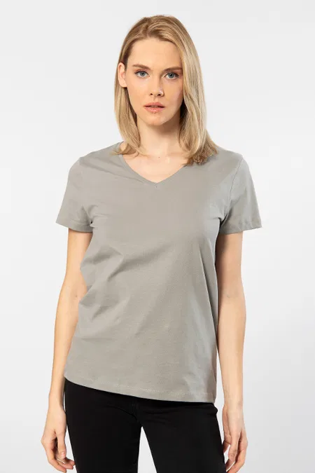Pamuklu Esnek V Yaka Kısa Kollu Tişört Wtshirt 1 - Gri