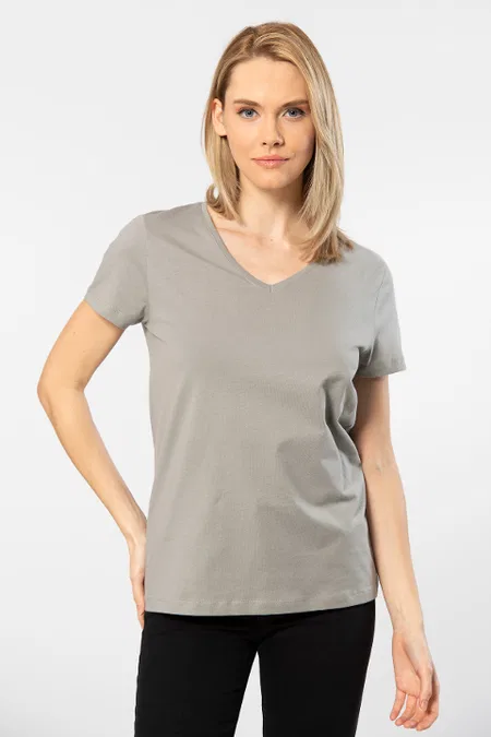 Pamuklu Esnek V Yaka Kısa Kollu Tişört Wtshirt 1 - Gri