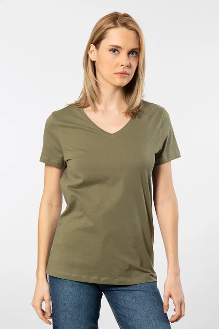 Pamuklu V Yaka Kısa Kollu Kadın Tişört Wtshirt 1234 - Haki